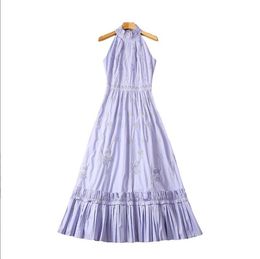 512 XXL 2023 Runway Dress Crew Neck Sleeveless Blue White Embroidery Dress Empire Brand Same Style Dress Flora Print High Quality Womens Clothes SH