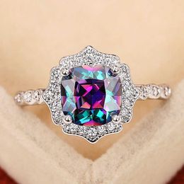 Band Rings Huitan Exquisite Flower Shape Ring Woman with Multi-colored Cubic Zirconia Unique Bride Wedding Party Finger-ring Trendy Jewellery AA230530