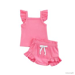 Clothing Sets Newborn Baby Girls Clothes Summer 2PCS Solid Color Flying Sleeve Romper and Elastic Shorts Outfit Set Infant