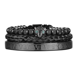 Bracelets 3pcs/set Classical Handmade Braiding Bracelet Hip Hop Men Pave Cz Leopard Head Roman Numeral Bracelet Stainless Steel Jewellery