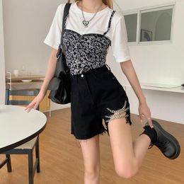 Women's Jeans Girls Chain High-Waist Boyfriend Denim Shorts Women's Summer 2023 Loose Korean Trendy Broken A-line Wide Leg Pants