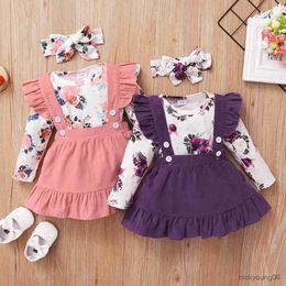 Clothing Sets 0-18 Newborn Baby Girl Clothes Set Floral Print Long Sleeve Romper Top and Suspender Skirt Headband Cute Outfit