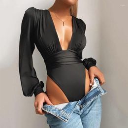 Women's Shapers 2023 European And American Fashion Top Women's Long-sleeved Deep V Closed Waist Fold Temperament Sexy Jumpsuit For Women