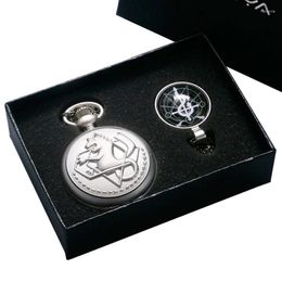 Pocket Watches Fashion Anime Fullmetal Alchemist Edward Silver Bronze Men Quartz Watch Necklace Pendant Cosplay Costume Props Gift Set