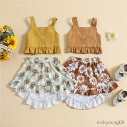 Clothing Sets Girls Summer Outfit Children's Solid Colour Button Sling Vest and Irregular Floral Skirt Kid Clothes