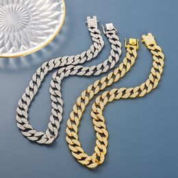15mm Strip Cuban Chain Men's Necklace 18K Yellow/White Golden Full Faux Diamond Hip Hop Rock Style Clavicle Necklace 60cm Long