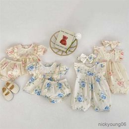 Clothing Sets 2023 Summer New Baby Collar Broken Flower Romper Girls Short Sleeve Tops and Shorts Set Children Cotton Clothes