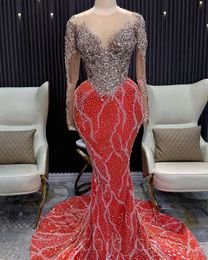 2023 May Aso Ebi Red Mermaid Prom Dress Sequined Lace Evening Formal Party Second Reception Birthday Engagement Gowns Dresses Robe De Soiree ZJ344