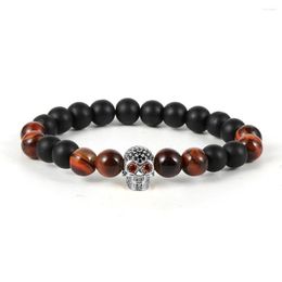 Strand Luxury Natural Flash Stone Red Tiger Eye Turquoises Hand Bracelets Brass Zircon Skull Charm Healing Wristbands Jewelry For Men