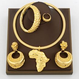 Necklace Earrings Set Fashion Jewellery For Women 18k Gold Plated And With Bangle Ring African Map Design Nigerian Accessories