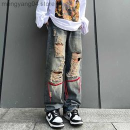 Women's Jeans Vintage Clothes Y2k Ripped Jeans Women Baggy Embroidery Raw Edge Trousers Casual Wide 2000s Streetwear Pants Washed Korean Style T230530