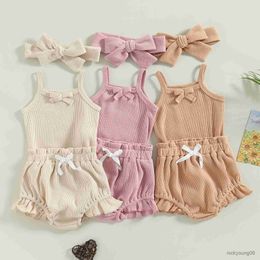 Clothing Sets Infant Newborn Baby Girls Summer Outfits Sleeveless Waffle Knit Romper and Shorts Headband Set