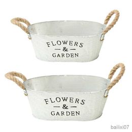 Basket White Succulent Plant Container Rustic Bucket Flower Pot with Twine Handles Vintage Watering Pot Home Decor Planting