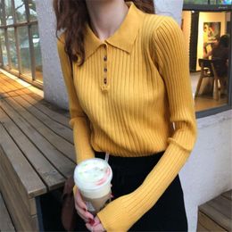 Women's Sweaters 2023 Autumn Button Long Sleeve Korean Style Women Knitted Sweater Woman Turn Down Collar Ribbed Pullover Female Tops