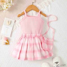Clothing Sets 6-36-month-old newborn baby girl summer pink halter top with plaid skirt fashion suits wear bags three-piece set
