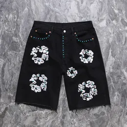 Mens 2024 designer de luxo Mens shorts Jeans Homens Jean flor Diamante Denim shortpants Slim Mens Denim rua Hip hop