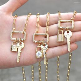 Pendant Necklaces Punk Simple Inlaid Zircon Lock And Key Necklace For Women Gold-plated Copper Chain Jewellery Birthday Valentine's Day