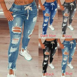 Women's Jeans Drawstring Denim Jeans For Women Ripped Hole Stretch Jean Ladies Full Length Pencil Pants T230530