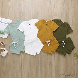 Clothing Sets Cotton Casual Summer Newborn Baby Boys Girls Outfits Suit Ribbed Knitted Short Sleeve T-shirts TopsandShorts 2Pcs Kids Tracksuits