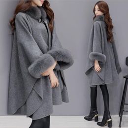 Blends Feminine Coat Elegant Winter Women Capes Faux Fur Scarf Fur Collar Long Woollen Coat Cloak Ladies Fashion Loose Jacket Clothes