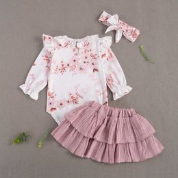 Clothing Sets Baby Girl's Clothes Set Round Neck Long Sleeve Flower Print Ruffles Romper Solid Colour Pleated Bubble Skirt Headband