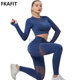 Women's Tracksuits 2 Piece Gym Set Women Hollow Out Set Long Sleeve Top High Waist Tight Leggings Workout Clothes Sport Wear Women Fitness J230525