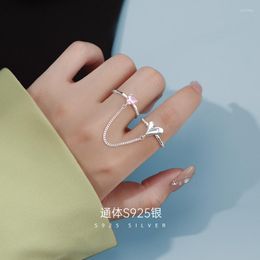 Cluster Rings Real 925 Sterling Silver Love Heart Open Ring Chain Double Black Colour Finger Fine Jewellery For Women