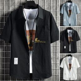 Men's Casual Shirts Lapel Short Sleeve Patch Pocket Buttons Closure Men Shirt Summer Solid Color Letter Print Daily Garment