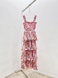 Casual Dresses 2023 Women Fashion Sleeveless Tube Top Print Pleated Cake Suspender Dress 0214