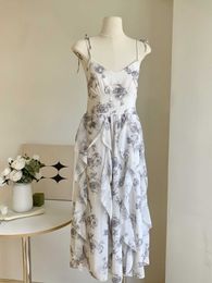 Ink Blue Green Floral Sling Dress Irregular Design Gentle Long Dress Woman Summer Casual Elegant Party Long Dress