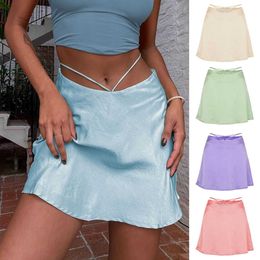Skirts Satin Lace High Elastic Waist Summer Women's Cut Zipper A-Line Dress LDY P230529