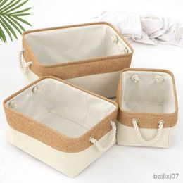 Basket Foldable Storage Baskets Flax Dirty Clothes Storage Baskets Solid Colour Desktop Cosmetic Organise Box Rope Handle Organise Box