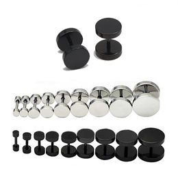 1 Pairs Man Women Flat Round Barbell Punk Gothic Stainless Steel Ear Studs Earrings Black Siver Ear Jewelry