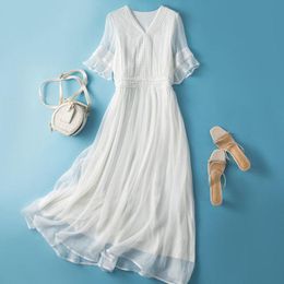Dress Elegant Fashion Lace Voile Splicing Solid White Chiffon Dress Women's Clothing 2022 Office Lady Half Sleeve VNeck Midi Dresses