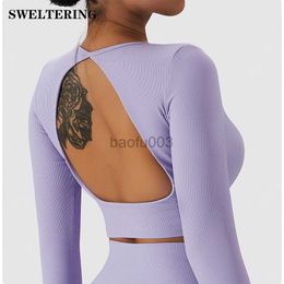 Women's T-Shirt Rib Hollow Out Back Fitness Top Women's Fast Drying Sports Tight Shirt T-Shirt Gym Push Up Running Long Sleeve Clothes J2305