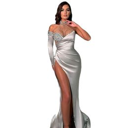 Sliver One Shoulder Evening Dresses Bead Halter Neck Abendkleider Prom Gown Side Split Pleat Party Dress 326 326