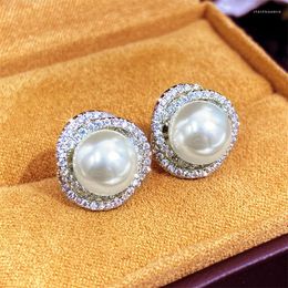 Stud Earrings Huitan Sparkling Cubic Zirconia Imitation Pearl For Women Silver Color Temperament Girls Ear Accessory Jewelry