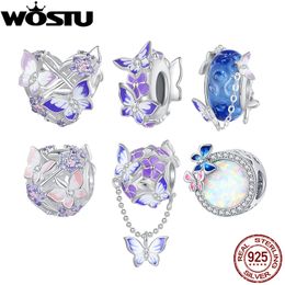 WOSTU 925 Sterling Silver Mystic Purple Flower Charms Beads Butterfly Safety Chain Fit Original Bracelet DIY Necklace Jewelry