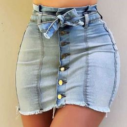 Skirts Women's sexy button denim casual solid color mini tight women's lace slim empire Upskirt Mujer P230529