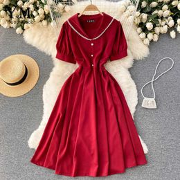 Casual Dresses Elegant French Solid Summer V-neck Button Midi Dress Short Sleeve Women's Red Party Tank Top P230530