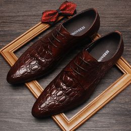 Crocodile Pattern Men Designer Dress Shoes Pointy Wedding oxford Shoe Men Genuine Leather Black Burgundy Lace Up Formal Shoe Men