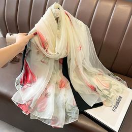 Scarves Spring Summer Women Travel Sun Resistance Flower Printed Shawl Beige Thin Soft Long Silk Foulard Gauzy Chiffon Scarf