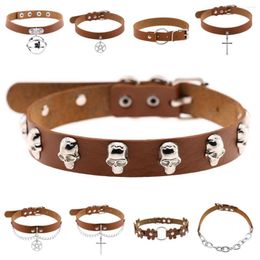 Choker Punk Gothic Light Brown Leather Necklaces For Women Egirls Chain Cross Buckle Collar Skull Rock Boys Neck Bondage Jewellery