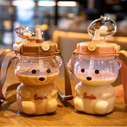 water bottle 32 oz Kawaii Cute Bear Travel Sports Water Bottle Portable Beverage Children's and Girls' Plastic Large Capacity Cup P230530