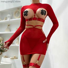 Sexy Set JSY Sexy Lingerie For Women's Thermal Underwear Red Bondage Tops And Skirt Hollow Out Backless Erotic Lingerie Porno Comes T230530