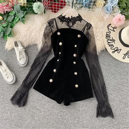 Casual Dresses Two Piece Outfits Lace Tulle Pullover Flare Sleeve Shorts Gold Velvet Button Black Sets 2023 Fashion Clothes Female Pants Set