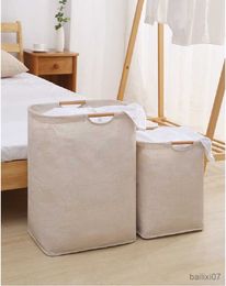Basket Minimal Style Foldable Linen Laundry Storage Basket Bag Wooden Handle