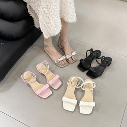 Toe Sandals Square Women Arrivals Bow Design Black Sier Beige Pink Flat Low Heels Summer Dress Pumps Shoes