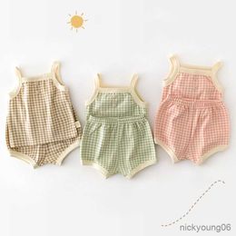 Clothing Sets 2023 New Summer Baby Sleeveless Tops and Elastic Band Shorts Pieces Suit Girls Cotton Set Pink Blue Brown Grid Clothes