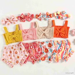 Clothing Sets Infant Baby Girls Clothes Set Solid Colour Ribbed Bowknot Sling Tank Tops Floral Print Shorts Headband